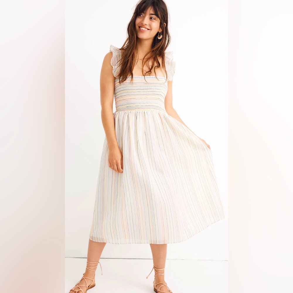 Madewell Ruffle-Strap Smocked Dress in Rainbow Stripe - Picture 1 of 10